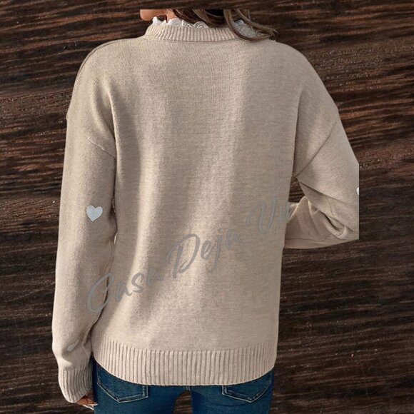 Pretty Preppy Slouchy Lace Notch Collar Long Sleeve Soft Baggy Fuzzy Sweater - Picture 3 of 10